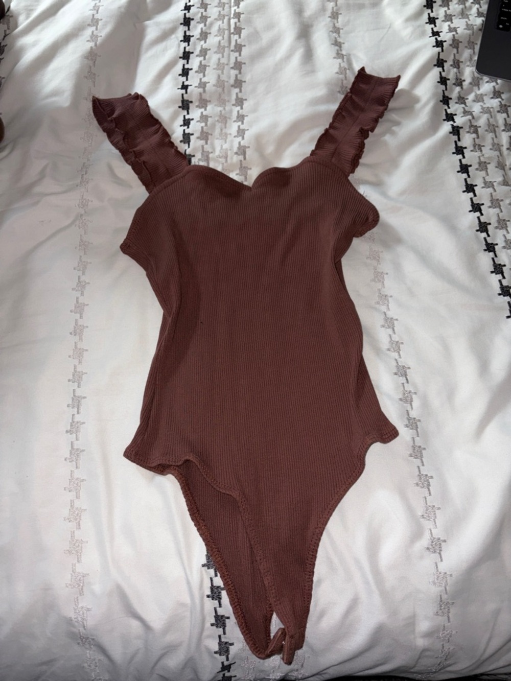 Francesca's Collections Ribbed Brown Ruffle-Strap Bodysuit